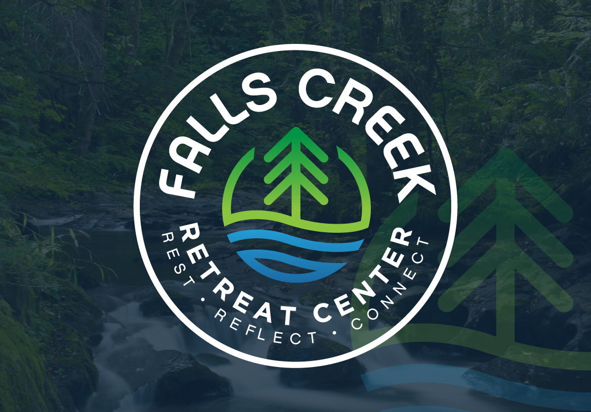 Circular version of the Falls Creek Retreat Center logo, with the green tree and blue river icon encircled by the brand name and 'retreat center' text.