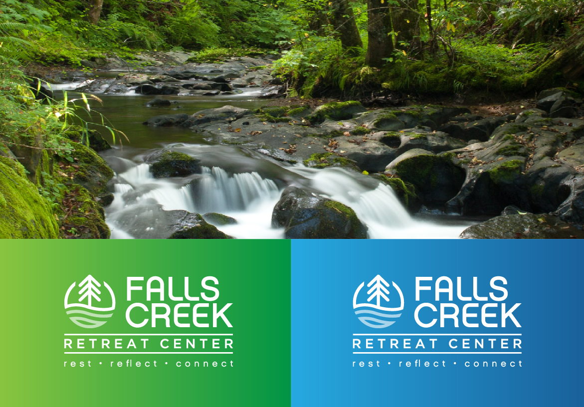 Grid of Falls Creek Retreat Center logo variations: green logo on forest background, green logo on white, and blue logo on blue background, showcasing branding flexibility.