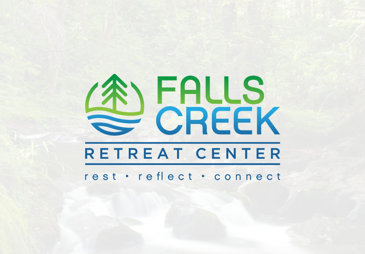 Falls Creek Retreat Center logo design, including the full name and tagline 'rest reflect connect' in typography below the tree and river icon, on a white background.