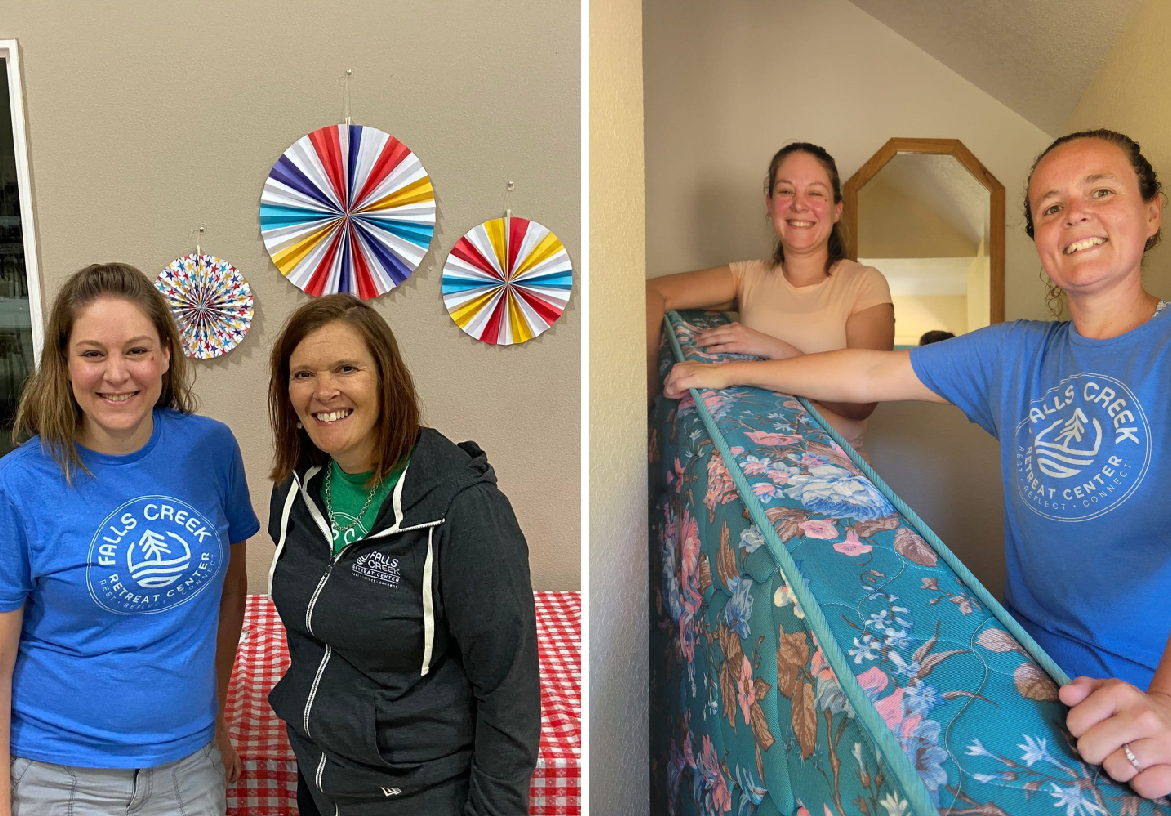 Branded merchandise including t-shirts and water bottles, displayed next to a large group photo of happy attendees at the Falls Creek Adult Retreat Center.