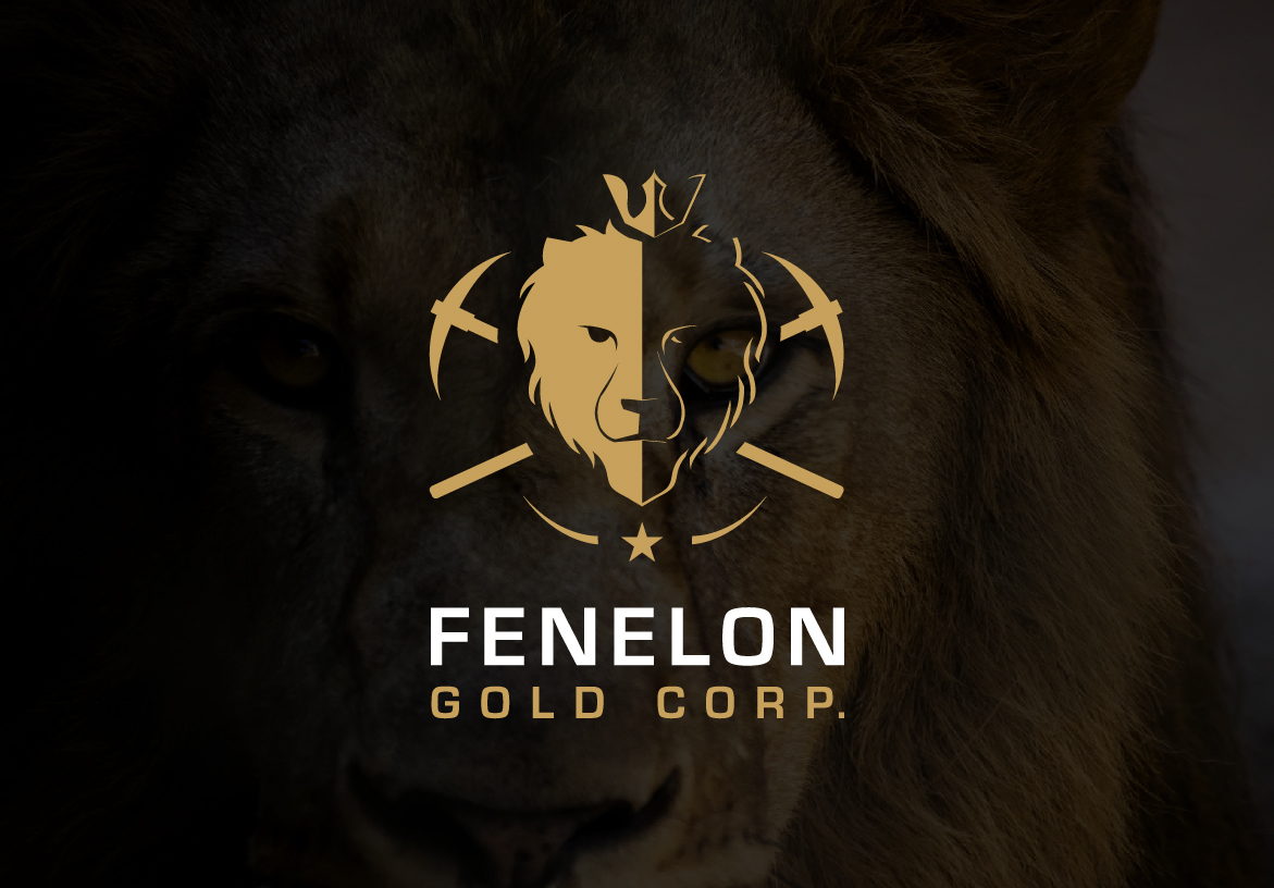 Official branding for Fenelon Gold Corp, a Quebec-based mineral exploration company, featuring a majestic lion and mining tool insignia.