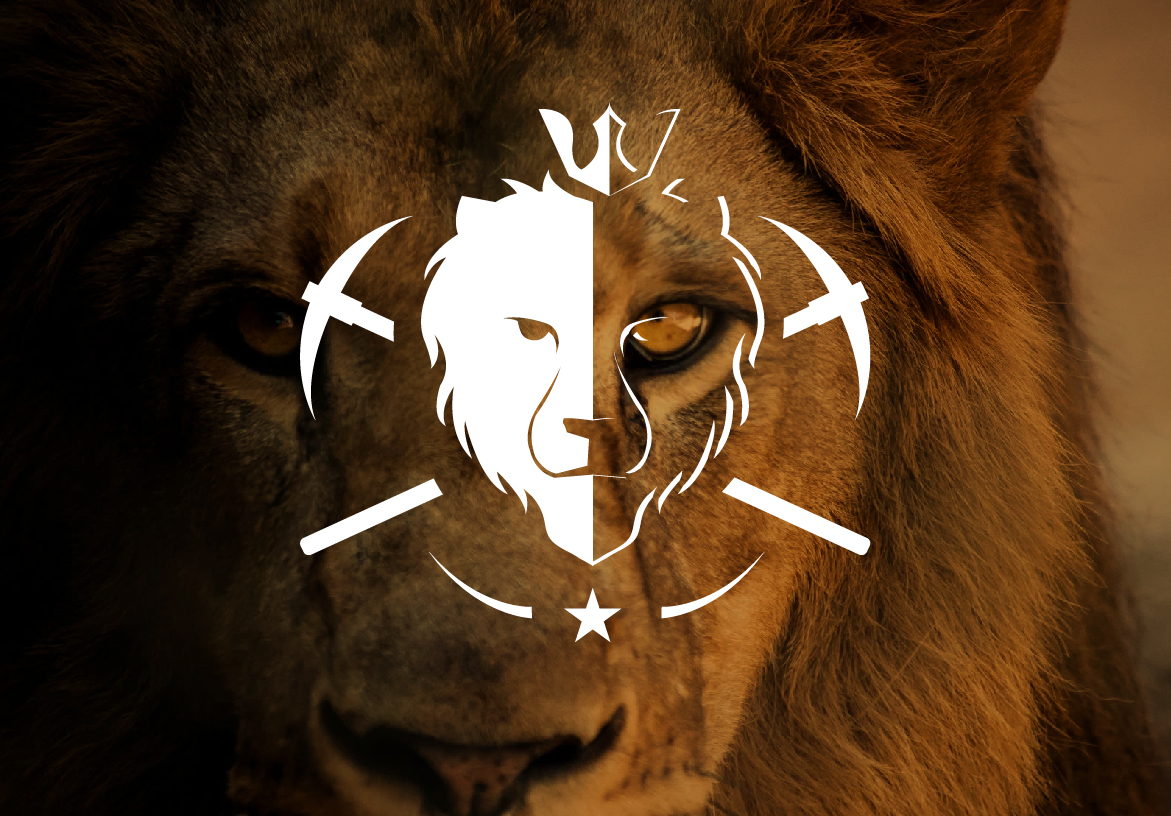White monochromatic version of the Fenelon Gold Corp logo displayed against a dark, textured background of a lion's mane.