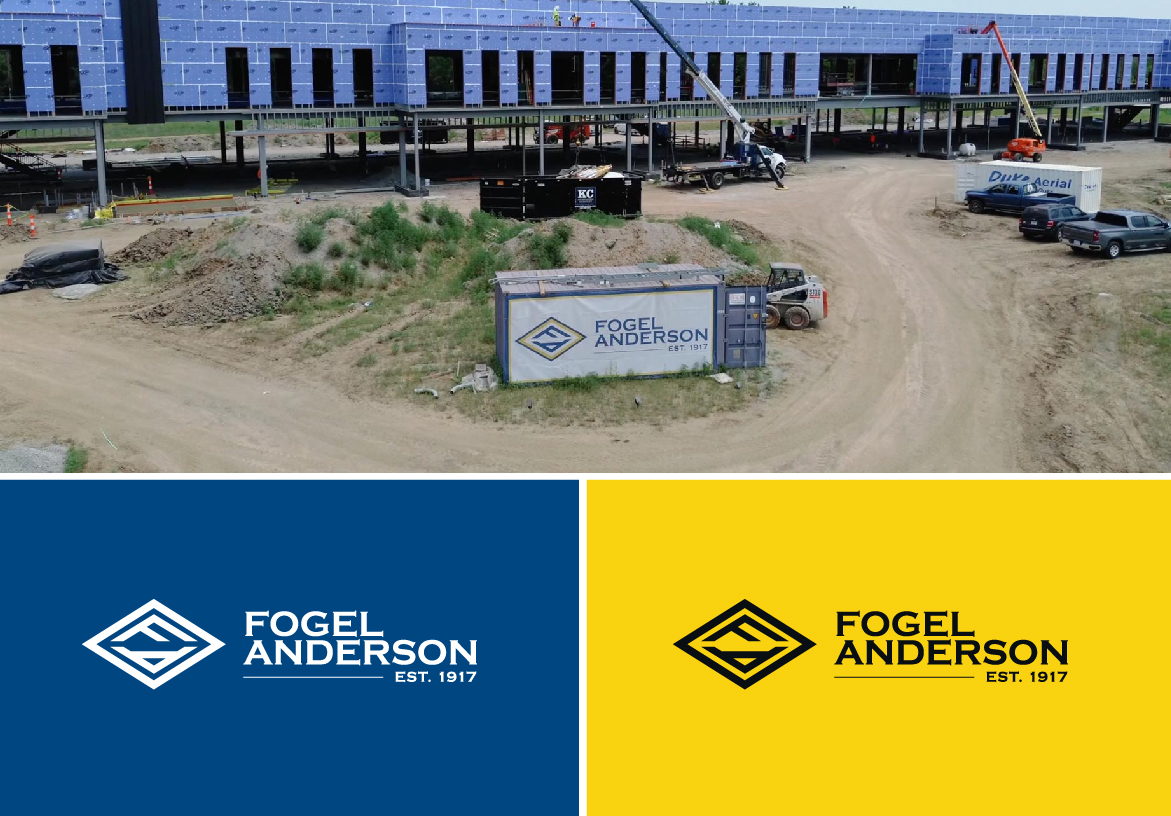 Aerial drone view of an active Fogel Anderson construction site featuring a branded shipping container, paired with official blue and yellow logo variations.