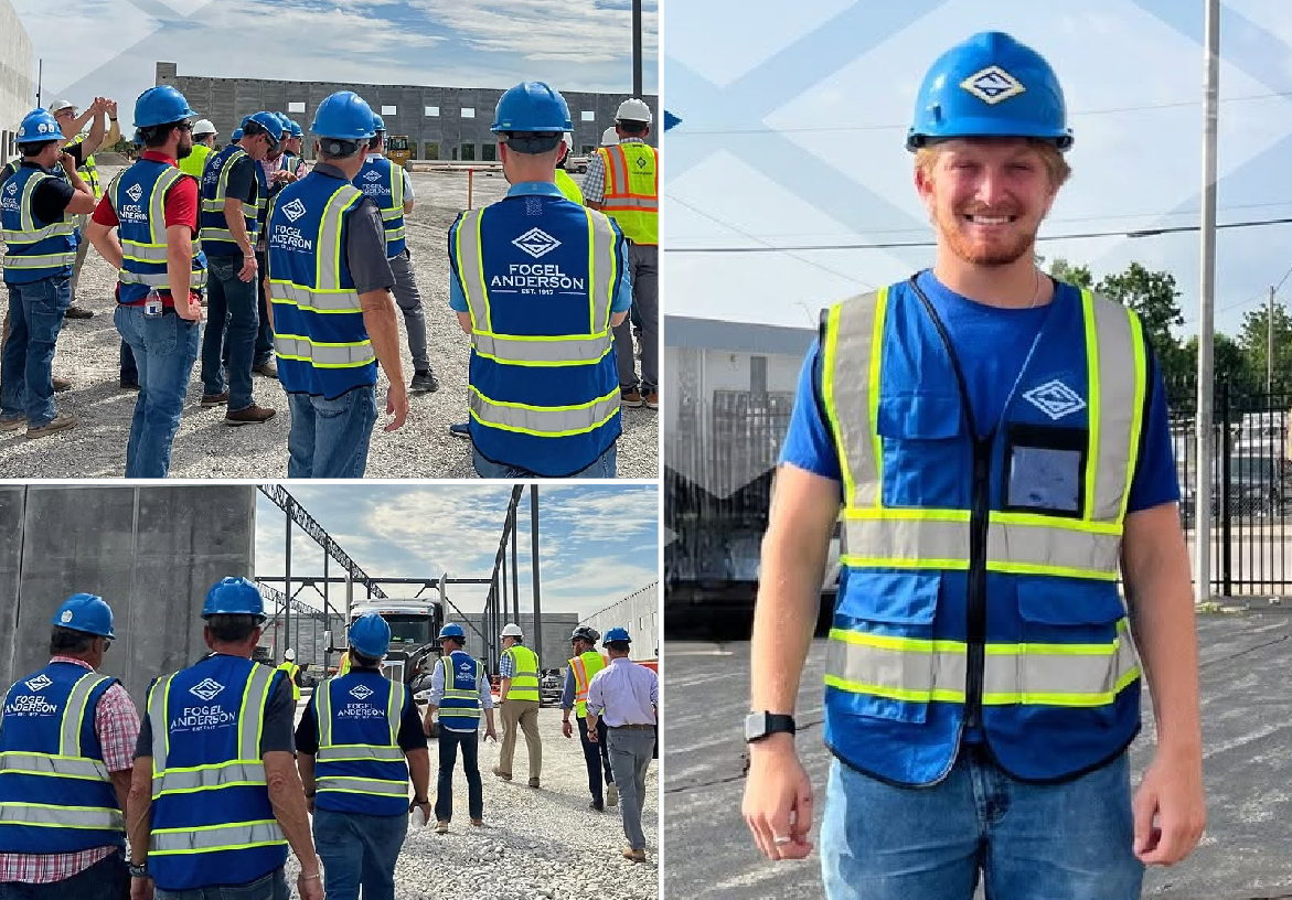 A Fogel Anderson team member smiling in full safety gear, alongside a photo of a construction crew holding a site safety meeting.