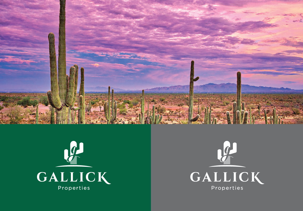 Brand identity showcase for Gallick Properties, featuring logo variations on forest green and grey backgrounds juxtaposed with a scenic desert view.