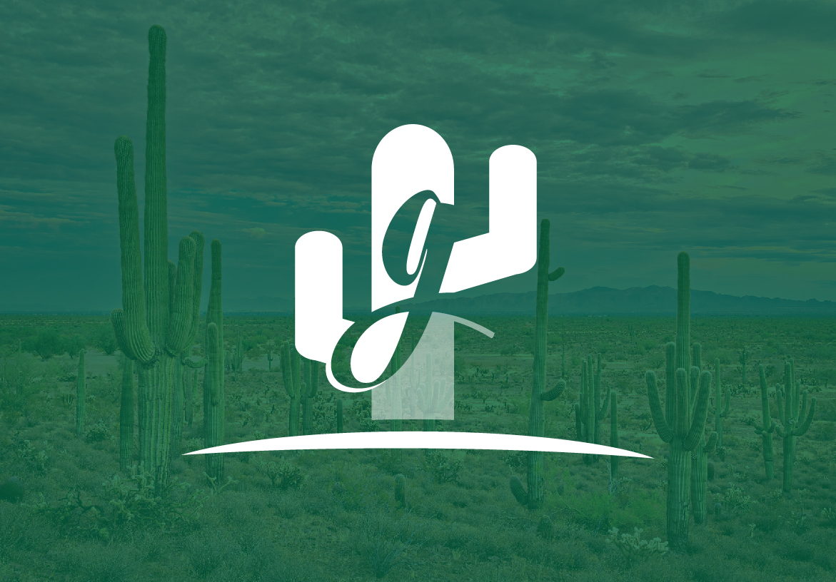 White Gallick Properties logo featuring a stylized saguaro cactus integrating the letter 'g', overlaid on a deep green-tinted Arizona desert landscape.