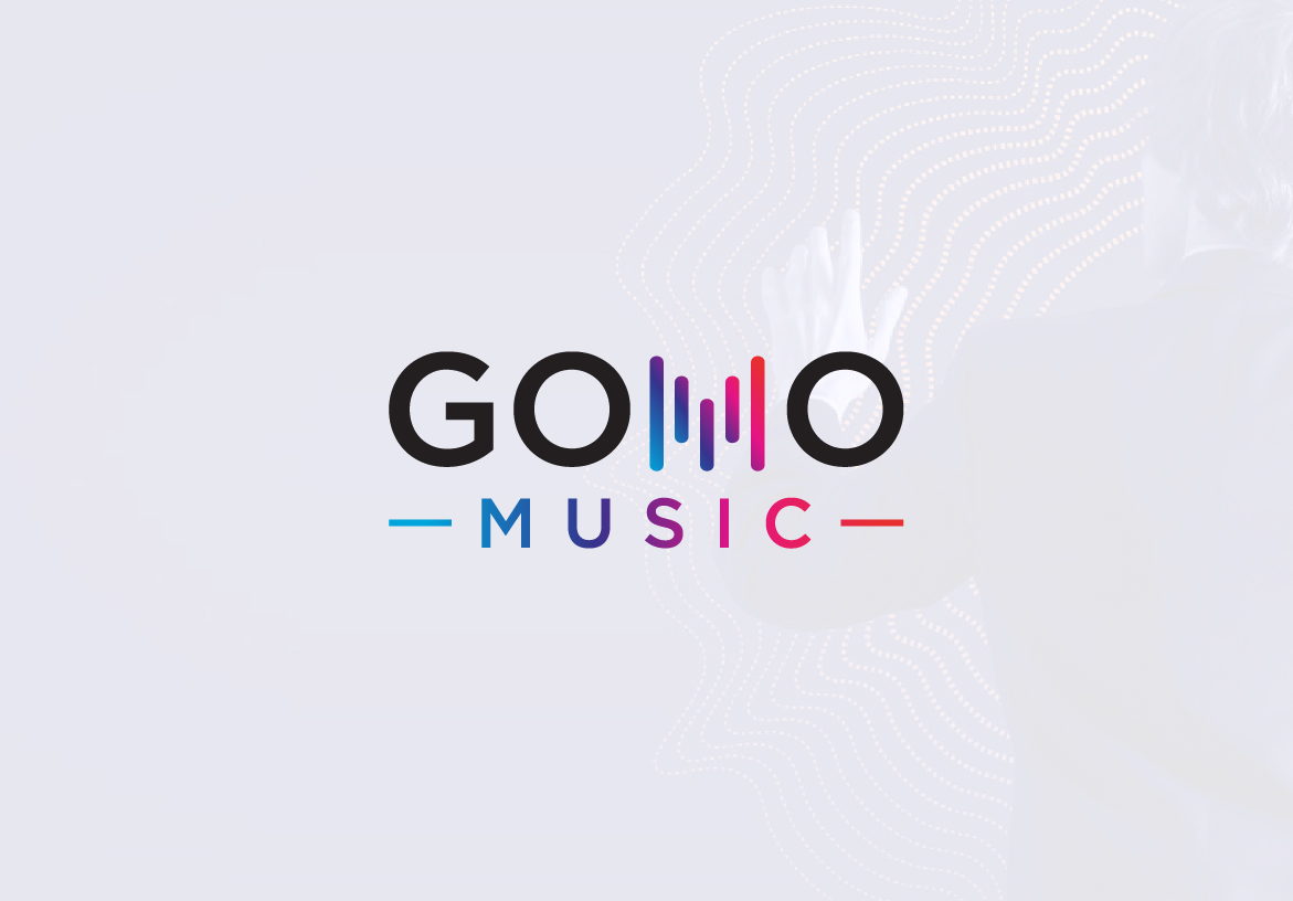 Official GoMo Music logo design on a clean white background, where the letter 'M' is creatively formed by colorful sound wave bars.