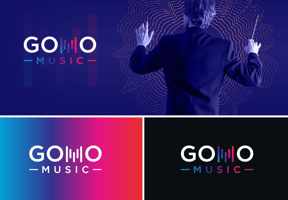 Brand identity collage for GoMo Music showing a conductor directing sound, paired with logo variations on vivid gradient and dark backgrounds.