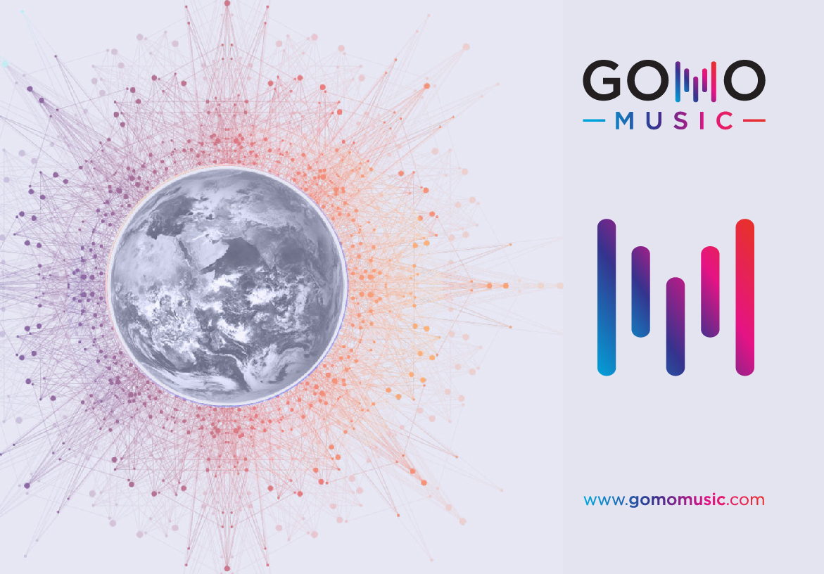 Marketing design for GoMo Music featuring a globe with connecting network lines and the audio bar logo, symbolizing music's power to unite people globally.