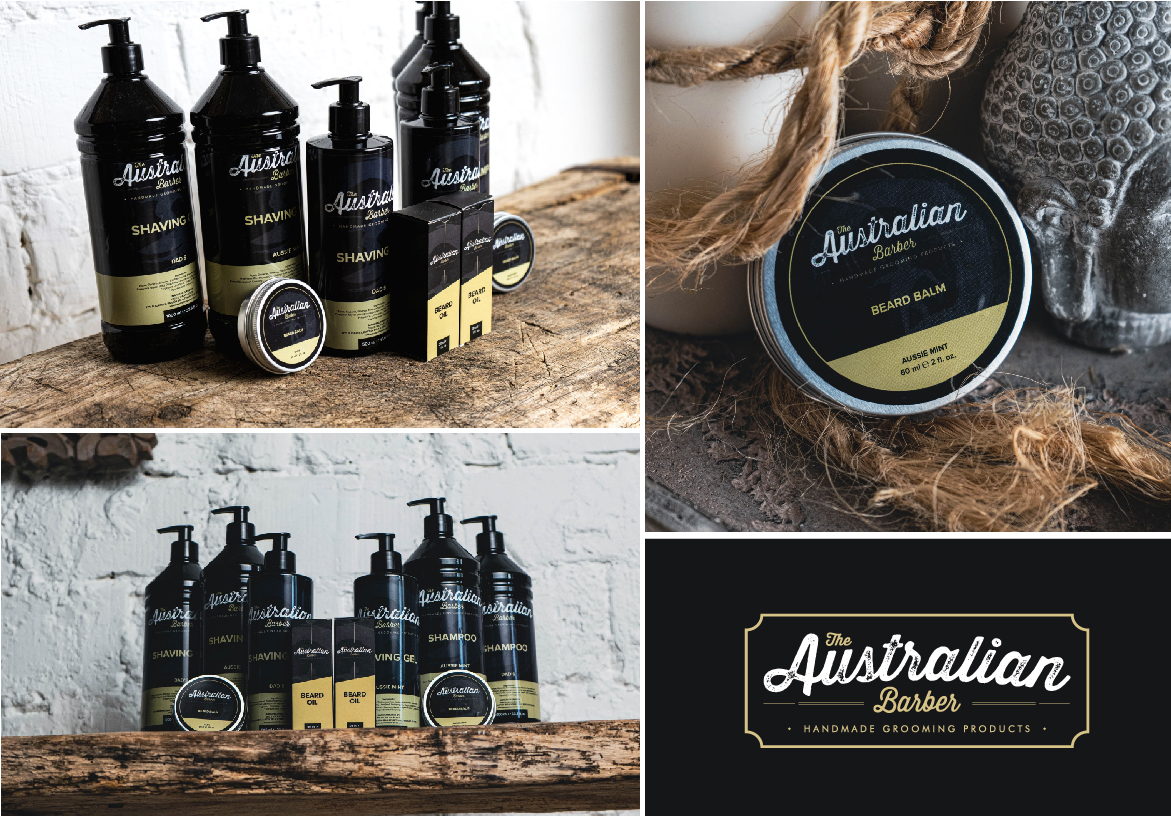 Premium product packaging for The Australian Barber featuring black bottles and tins with gold labels for beard oils, shaving creams, and hair pomades.