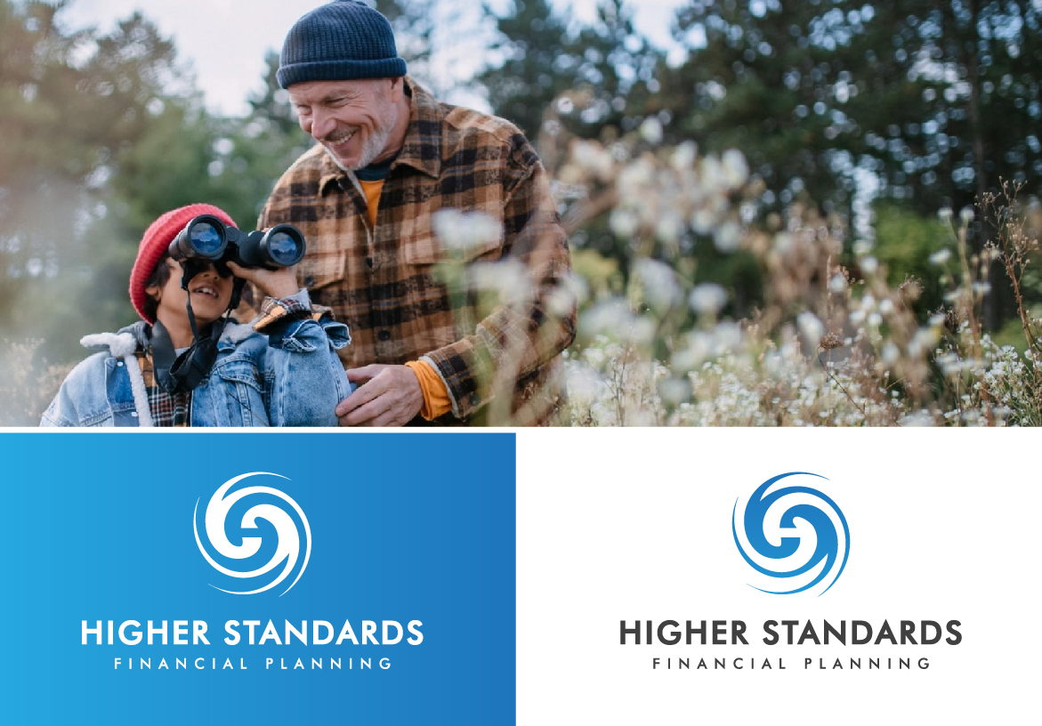 Brand identity collage for Higher Standards Financial Planning, showing a grandfather and grandson looking through binoculars, symbolizing future vision and intergenerational wealth.