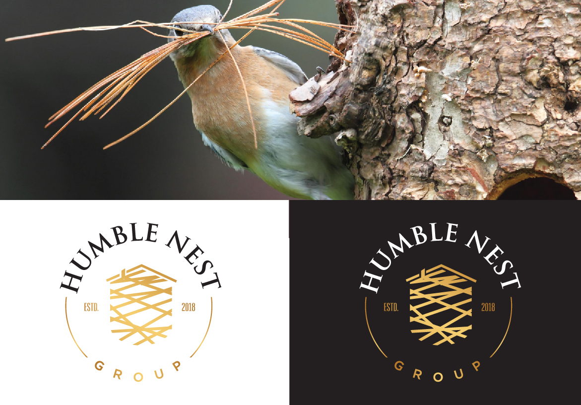 Brand identity showcase for Humble Nest Group, comparing a photo of a bird building a nest with the vector logo variations in gold, white, and black.
