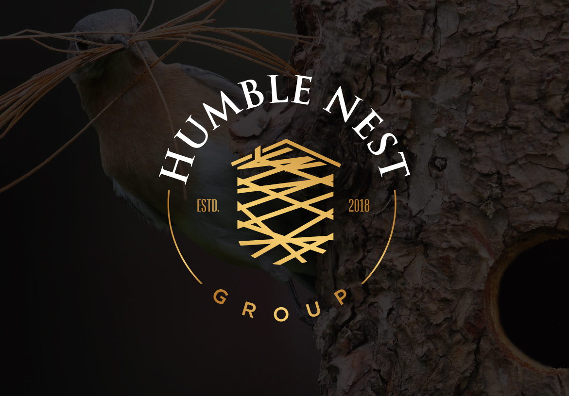 Official logo design for Humble Nest Group, a Phoenix-based real estate company, featuring the nest-house icon and elegant gold typography.