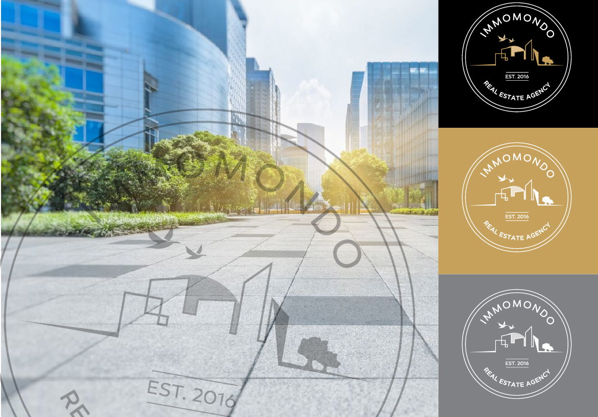 Brand identity collage for Immomondo showing the logo overlaid on a modern city street, alongside professional gold and grey logo color variations.