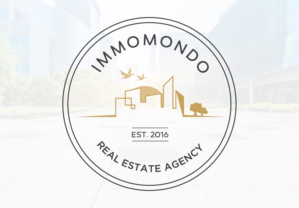 Official logo design for Immomondo Real Estate Agency, established in 2016, featuring a circular badge with stylized building outlines and clean typography.