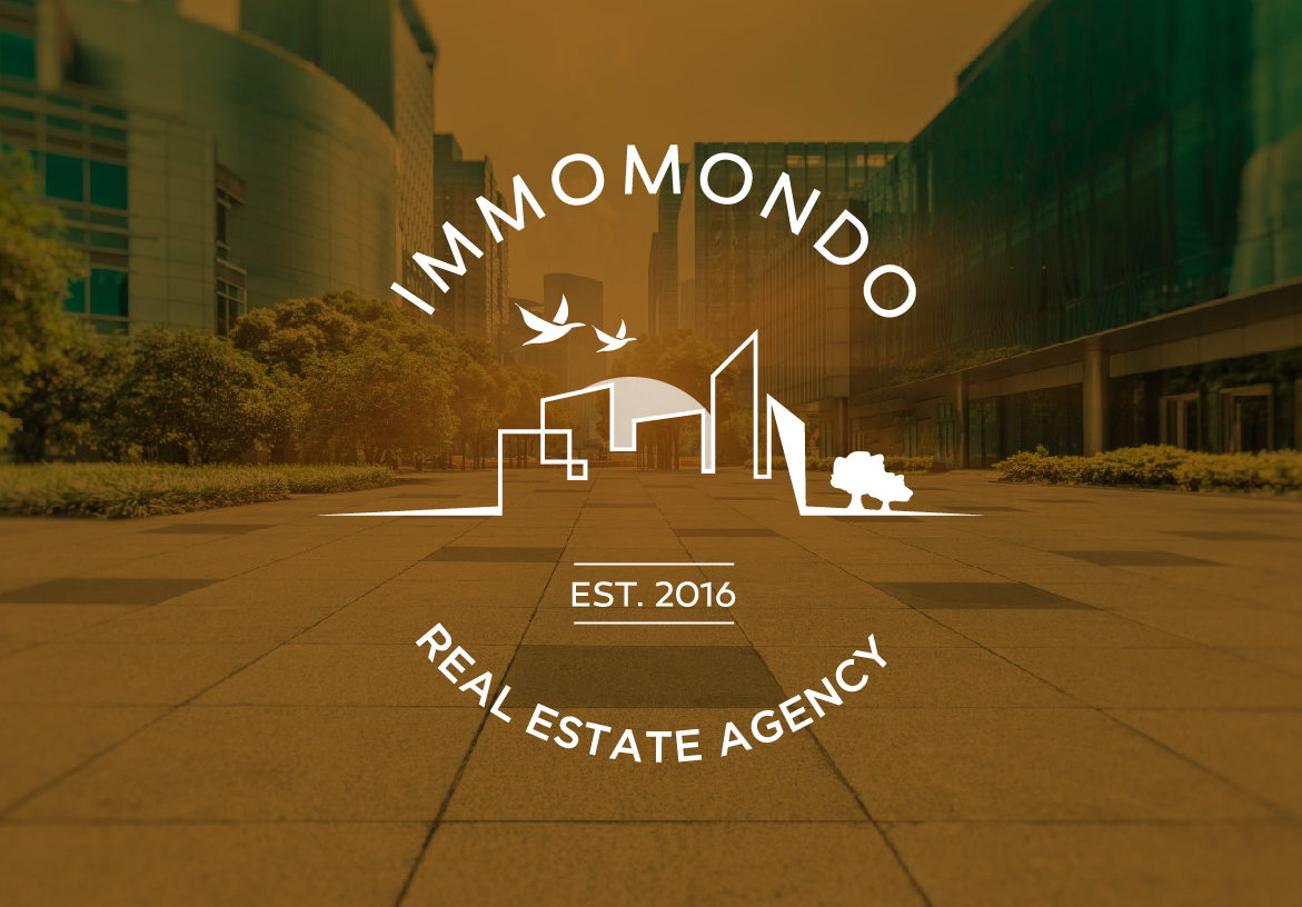 White Immomondo logo featuring a line-art cityscape and birds, overlaid on a warm-toned photograph of a modern office complex in Germany.