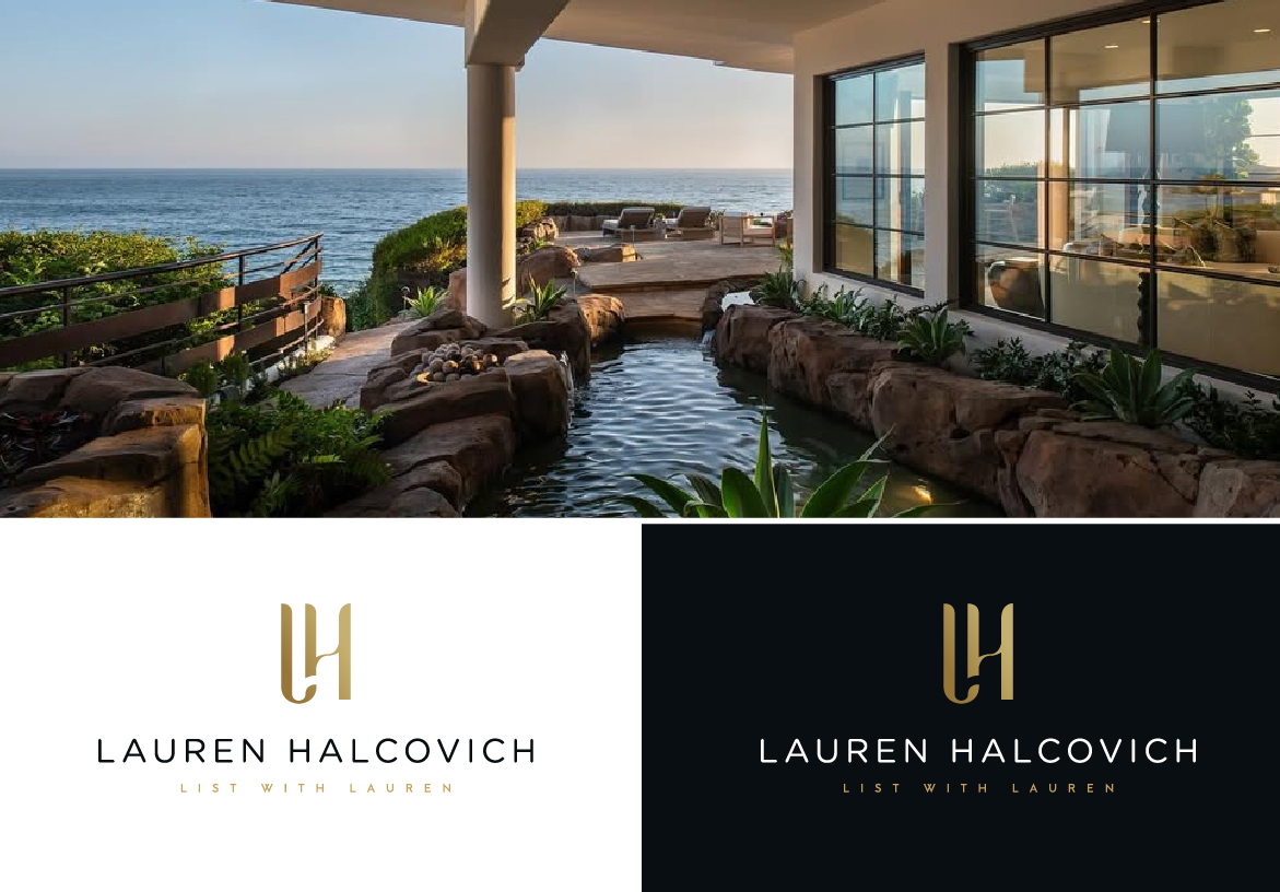 Brand identity showcase for Lauren Halcovich displaying the logo on midnight navy and white backgrounds alongside a photo of a stunning oceanfront terrace.