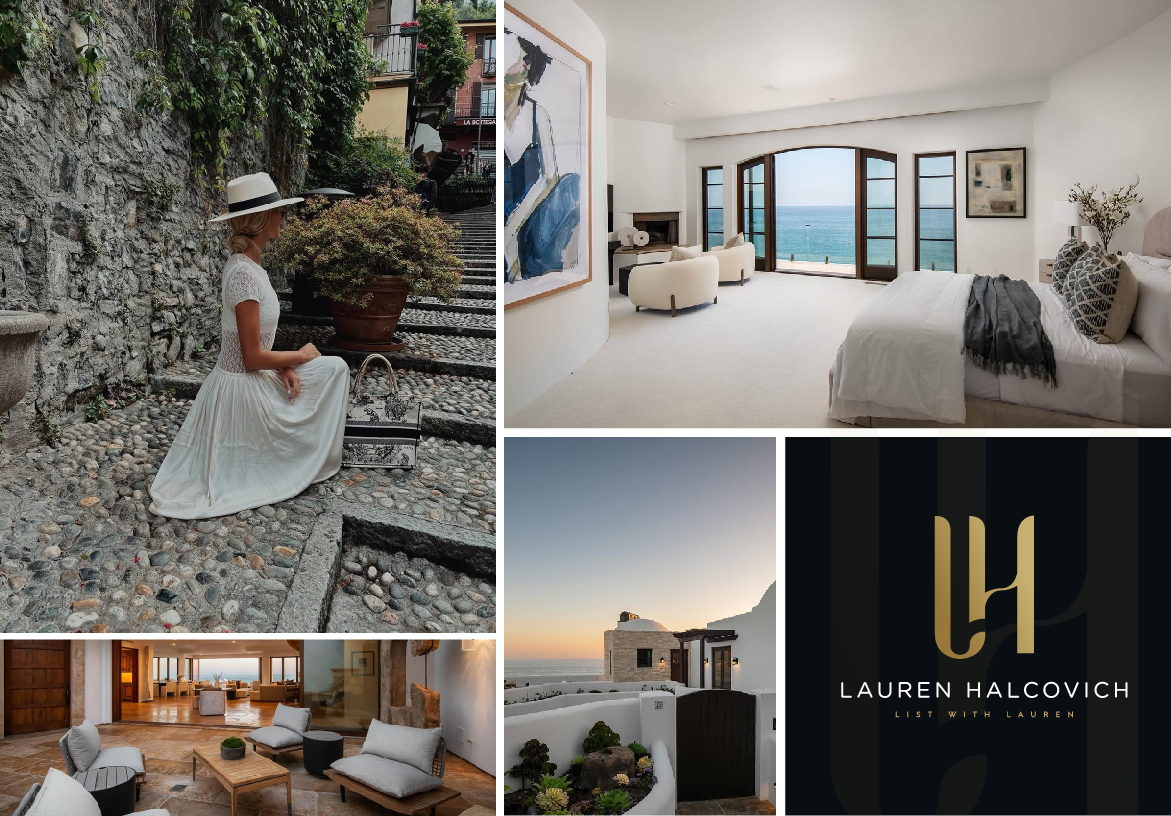 A mood board collage for Lauren Halcovich Real Estate featuring serene bedroom interiors, fashion-forward lifestyle shots, and the elegant LH branding.