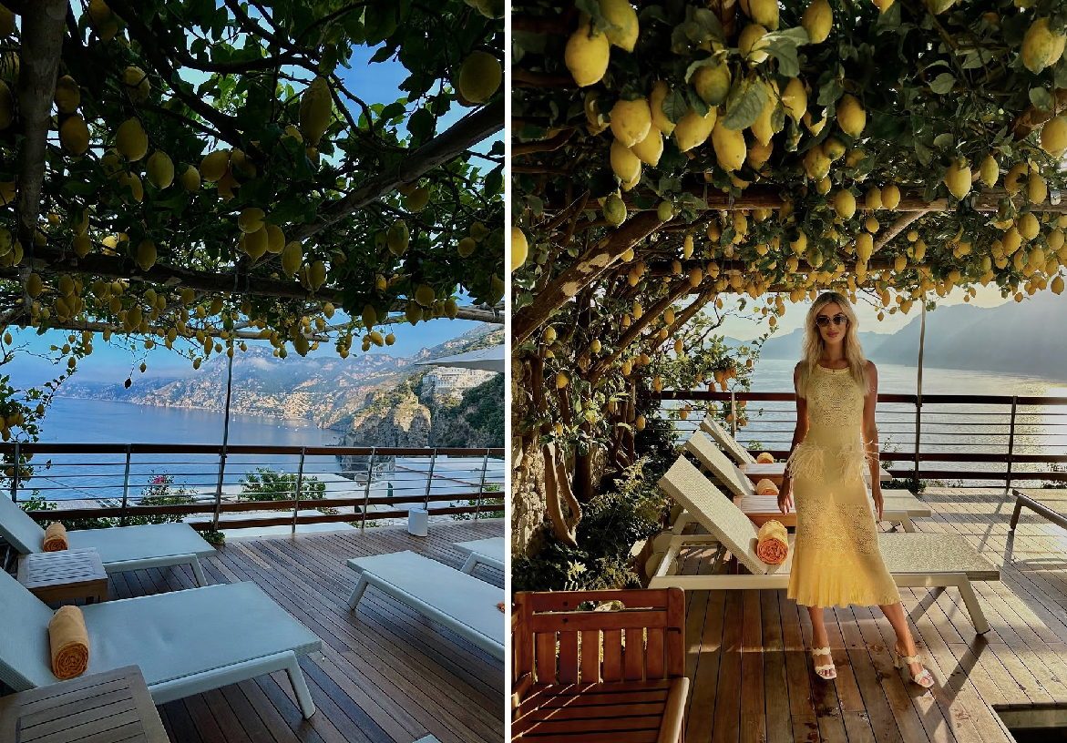 Lifestyle portrait of luxury realtor Lauren Halcovich standing beneath lemon trees on a balcony, embodying the European-inspired 'art of coastal living'.