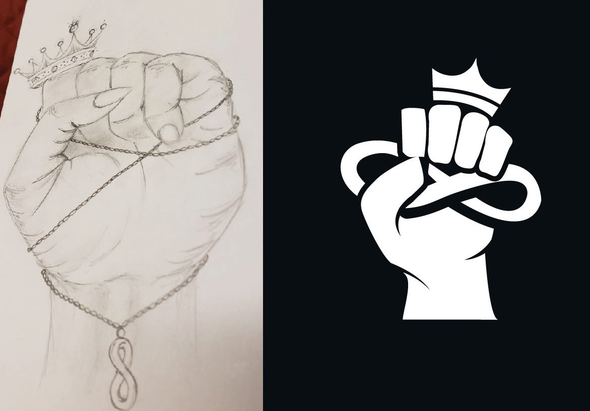 Design process showing the pencil sketch concept of the Leagul Hustle logo alongside the final black and white vector version symbolising endless greatness.