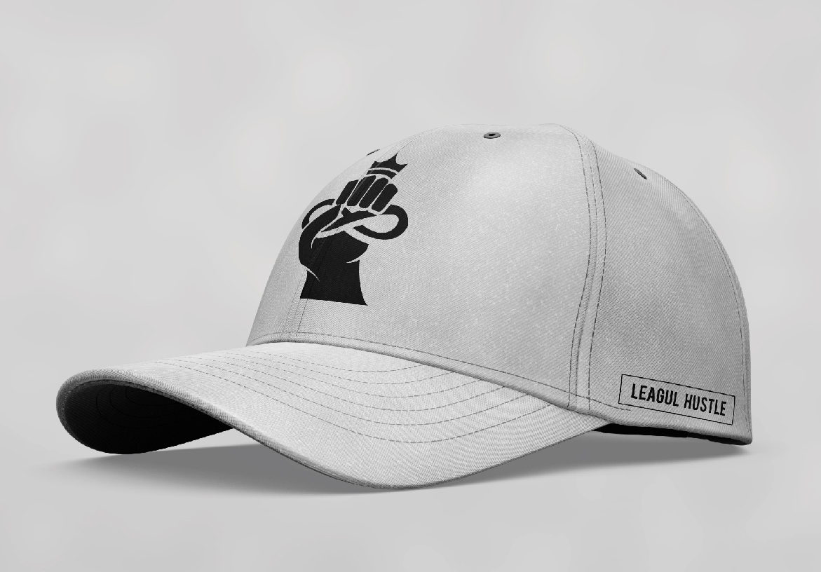 Grey snapback hat design featuring the Leagul Hustle fist and crown logo embroidered on the front, showcasing the brand's premium headwear.