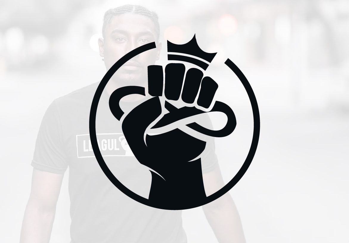Leagul Hustle logo symbol featuring a raised fist holding an infinity loop topped with a crown, overlaid on a model wearing the brand's urban apparel.