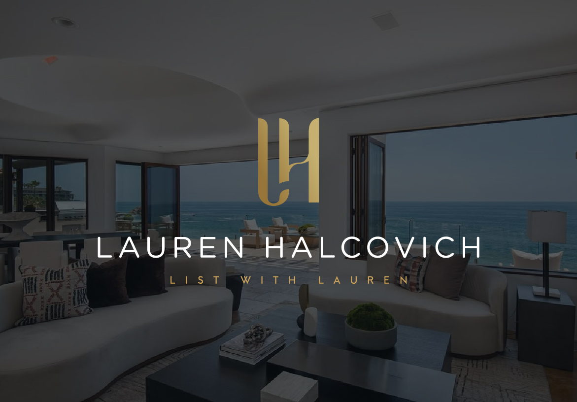 Official branding for 'Lauren Halcovich - List With Lauren' featuring the gold monogram and sophisticated typography against a high-end home interior.