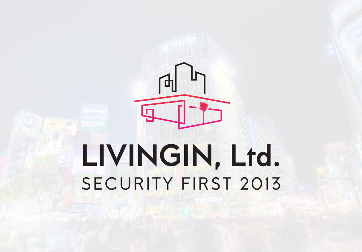 Official logo design for Living Ltd featuring stylized city architecture line art and the tagline 'Security First 2013', tailored for the Tokyo real estate market.