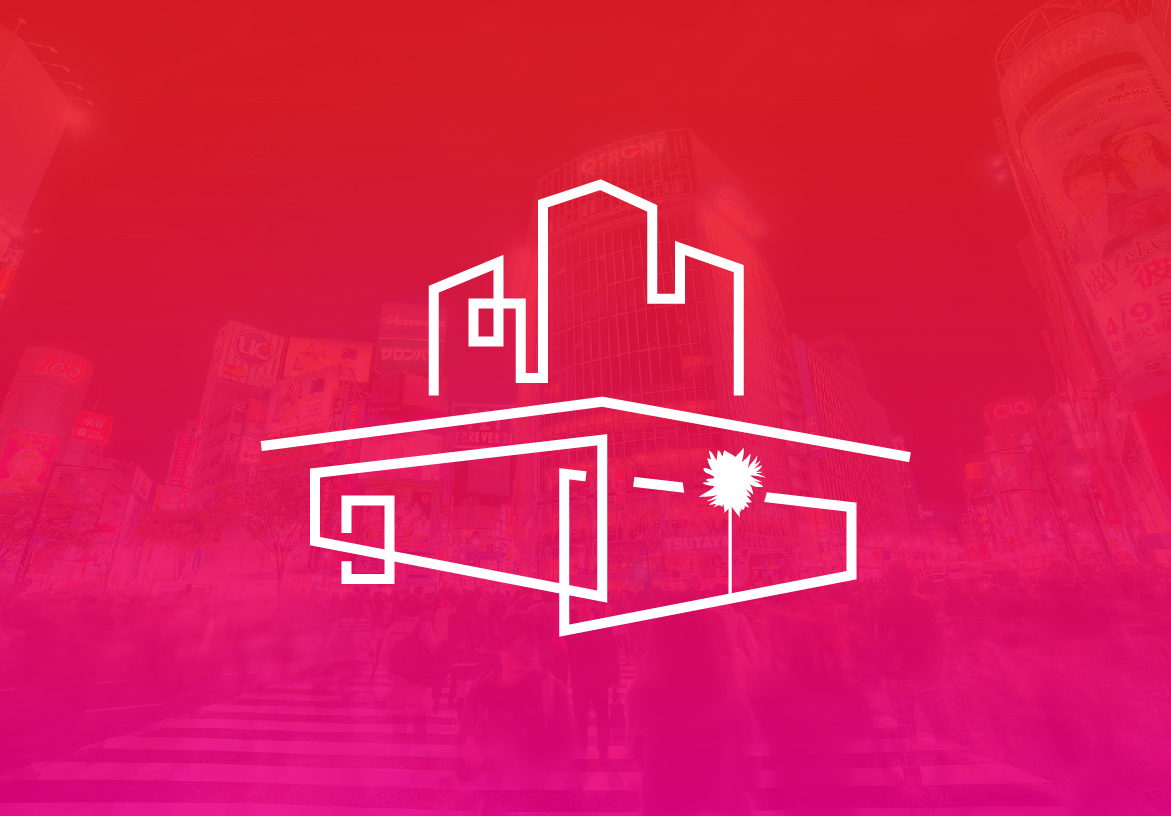 White line-art logo for Living Ltd - Security First 2013, overlaid on a vibrant pink gradient background representing safe and modern housing for women in Tokyo