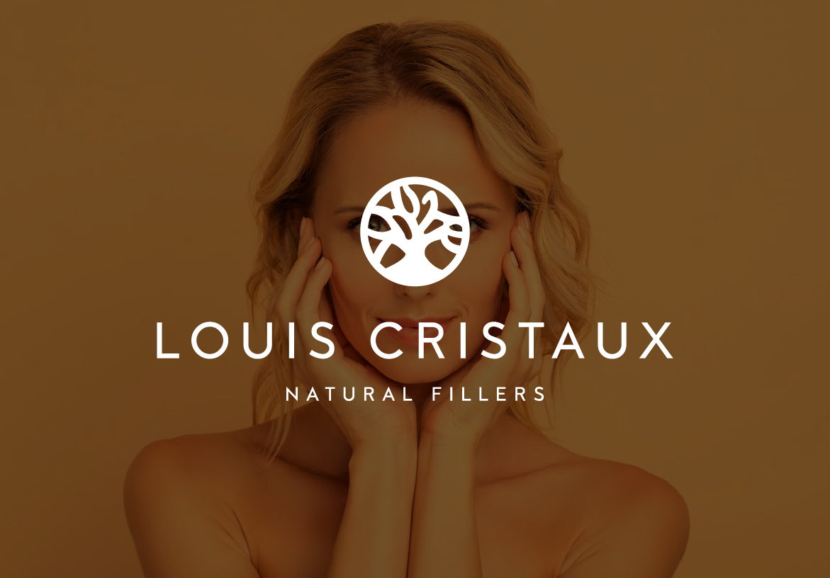 White Louis Cristaux logo featuring a stylized tree icon, overlaid on a portrait of a woman with glowing skin against a rich bronze background.
