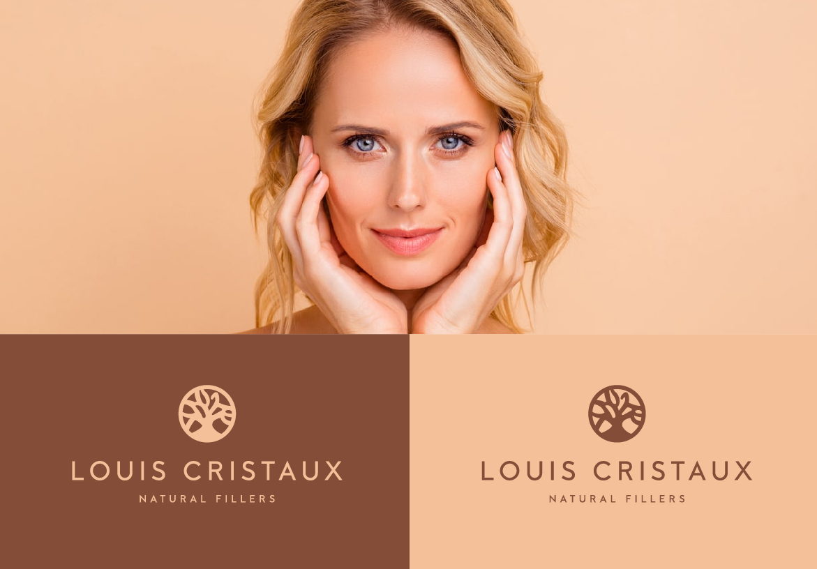 Brand identity collage for Louis Cristaux featuring a beauty portrait and the logo displayed on contrasting dark brown and peach-toned backgrounds.