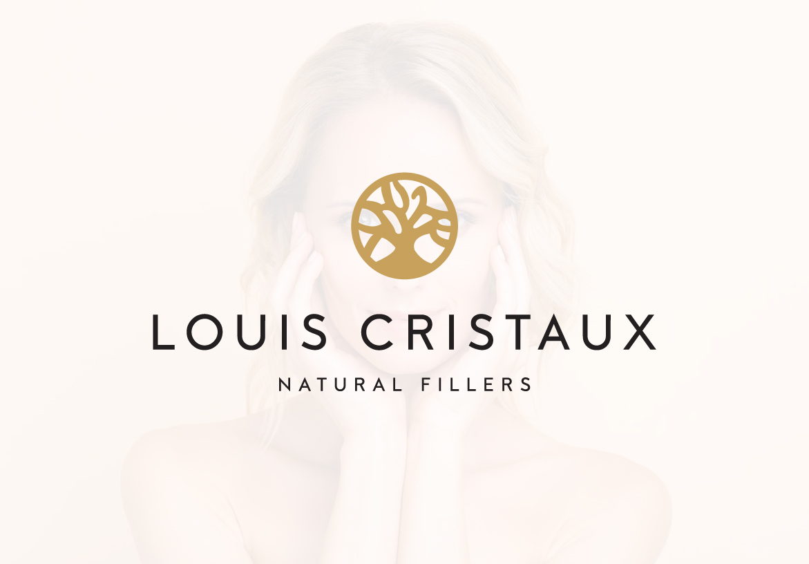 Louis Cristaux Natural Fillers logo in gold, displayed over a high-key, soft-focus background of a woman's face, representing pure and natural beauty wellness.