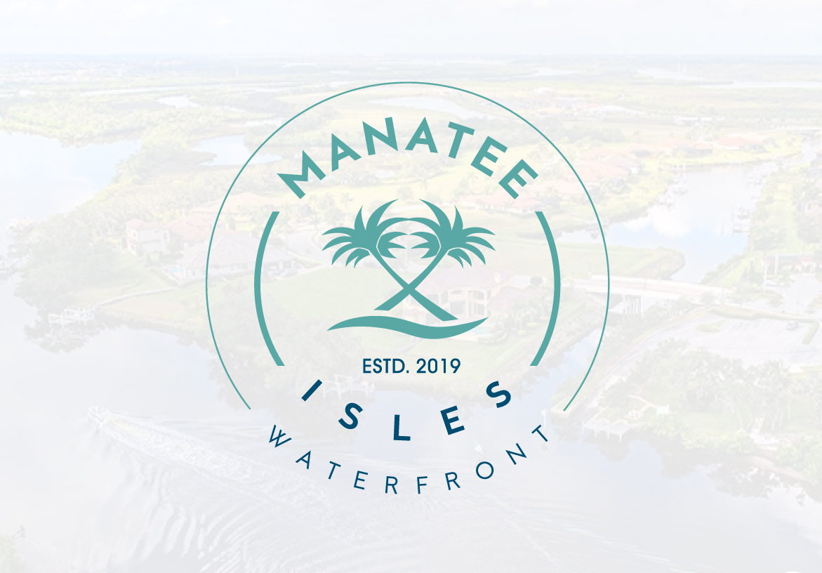 Official logo design for Manatee Isles Waterfront, established 2019, featuring a coastal badge style with palm trees and ocean waves.