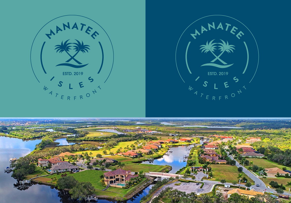 Brand identity showcase for Manatee Isles Waterfront, displaying the logo on teal and navy backgrounds above a sunny aerial view of the luxury townhouse community.