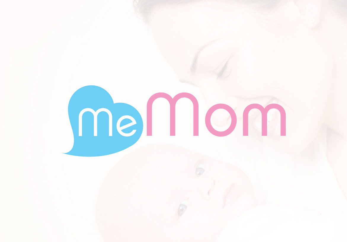 Me Mom logo featuring a blue heart icon with 'me' inside, overlaid on a soft, high-key portrait of a mother holding her baby, representing maternity care in Sydney.