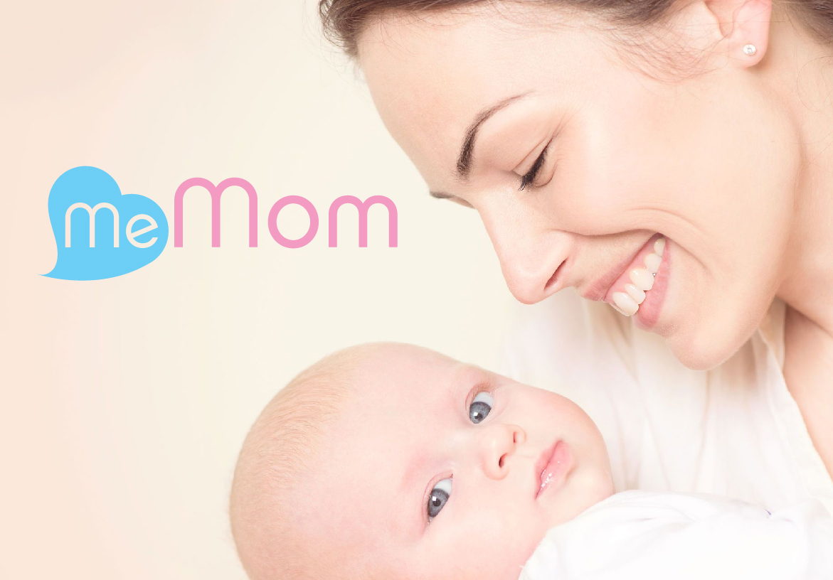 Official logo design for Me Mom Maternity Wear, utilizing a soft blue heart and pink typography to convey gentle care and motherhood.