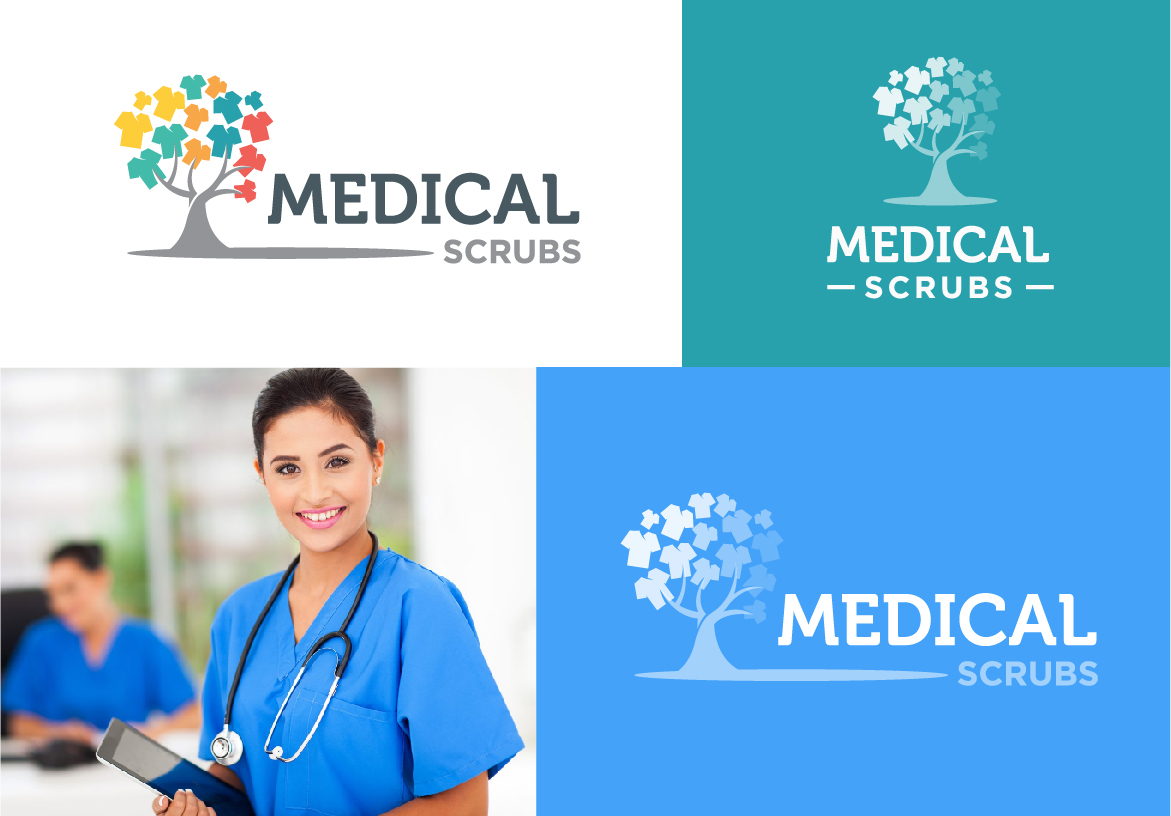 Brand identity collage for Medical Scrubs showing a smiling nurse, paired with logo variations on white and teal backgrounds.