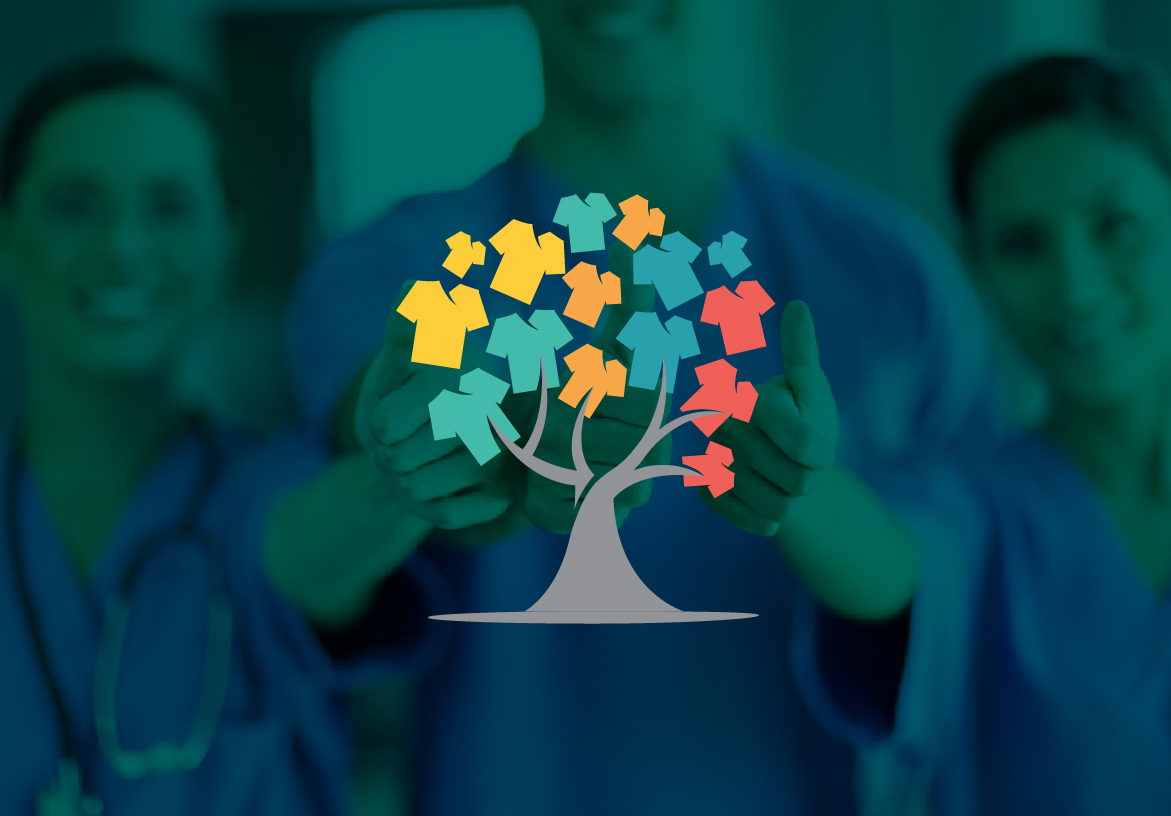 Medical Scrubs logo icon featuring a tree where the leaves are colorful scrub tops, overlaid on a teal background with medical staff silhouettes.