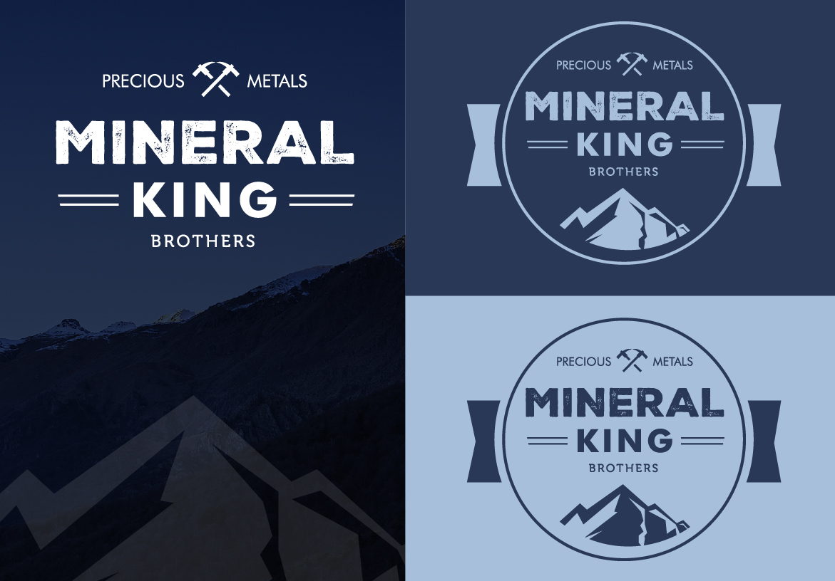 Brand identity showcase for Mineral King Brothers featuring the circular badge logo design displayed on professional navy blue and light blue backgrounds.
