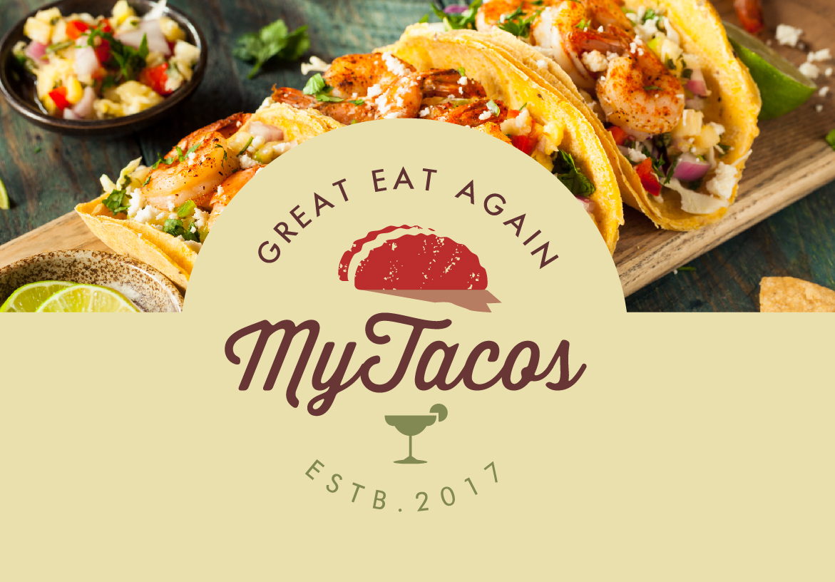Close-up food photography of authentic Mexican tacos served on a wooden board, featuring the My Tacos branding and 'Great Eat Again' tagline.
