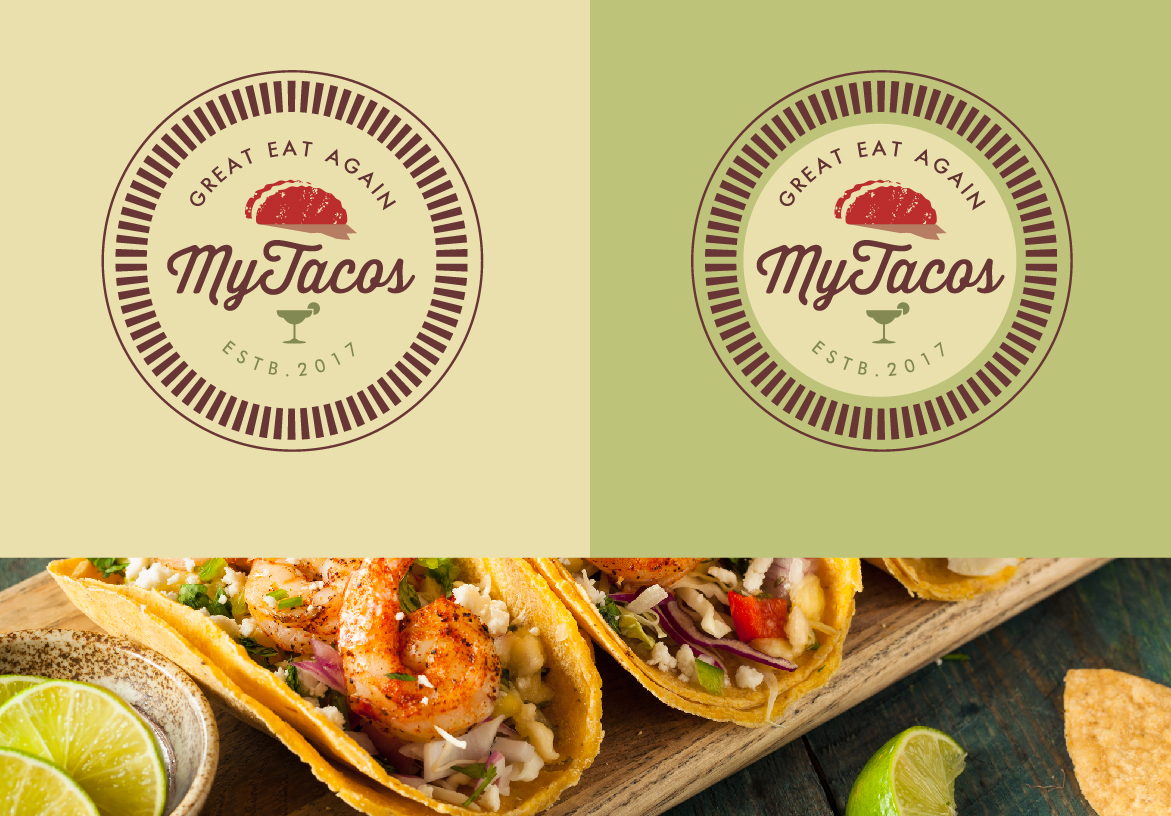 Official logo design for My Tacos Miami displayed on sage green and cream backgrounds, paired with mouth-watering photography of fresh organic shrimp tacos.