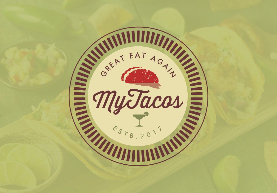 My Tacos - Great Eat Again circular logo featuring a red taco icon, overlaid on a fresh green background with authentic Mexican street food imagery.