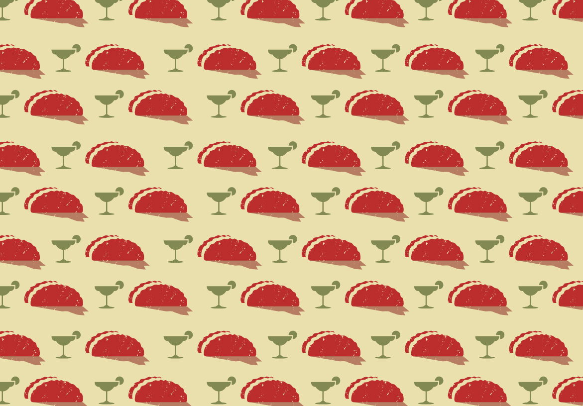 Custom brand pattern design for My Tacos featuring repeating red taco illustrations and green margarita glasses on a cream background, used for packaging and interiors.