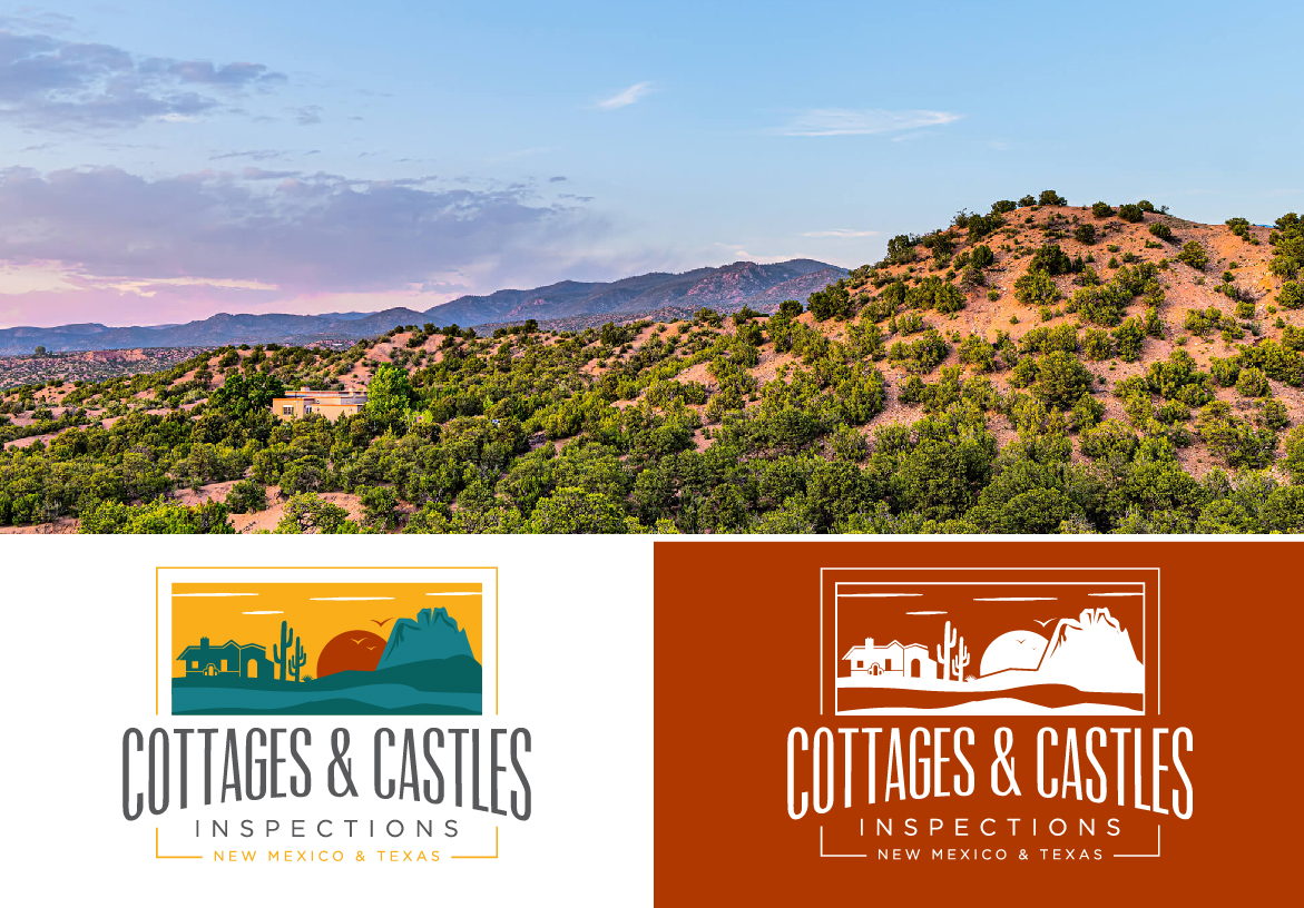 Scenic view of the New Mexico high desert displayed alongside the official terracotta and teal brand colors of Cottages & Castles Inspections.