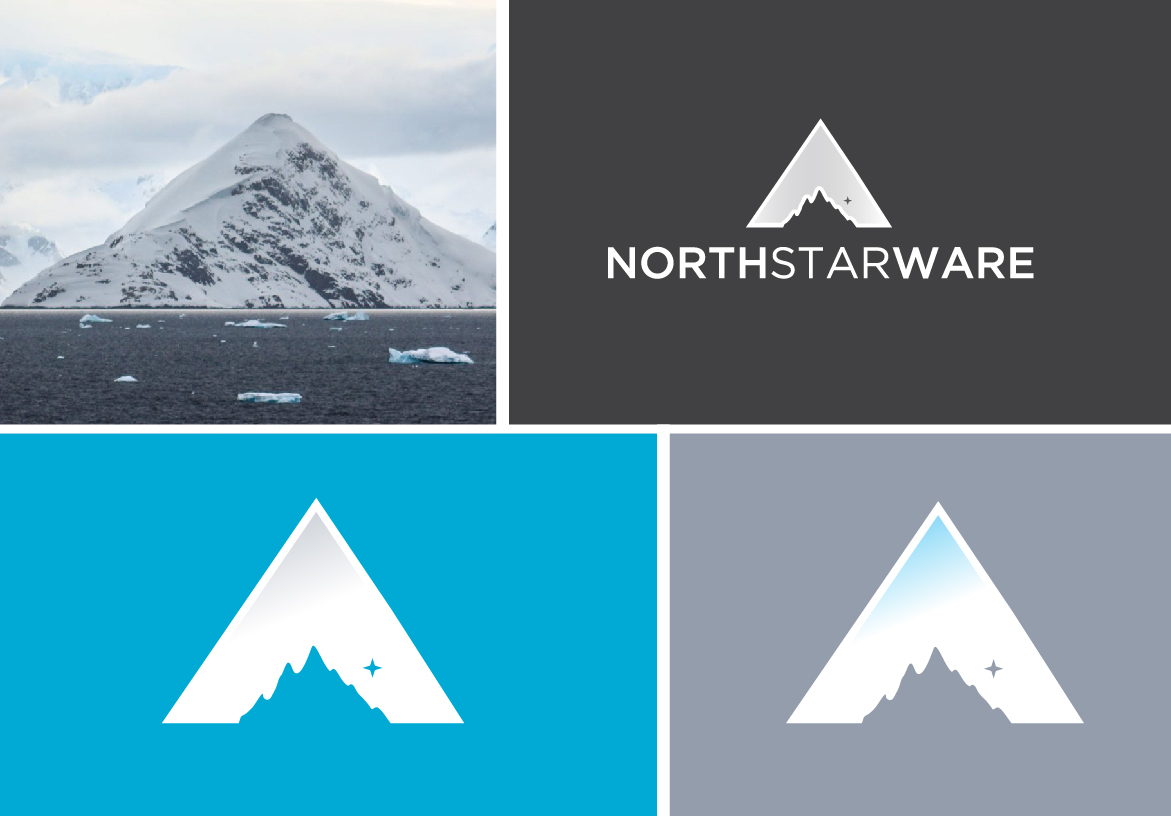 Brand identity collage for Northstarware, displaying the mountain-inspired logo on dark grey, cyan, and light grey backgrounds alongside a scenic real-world snowy peak photo.