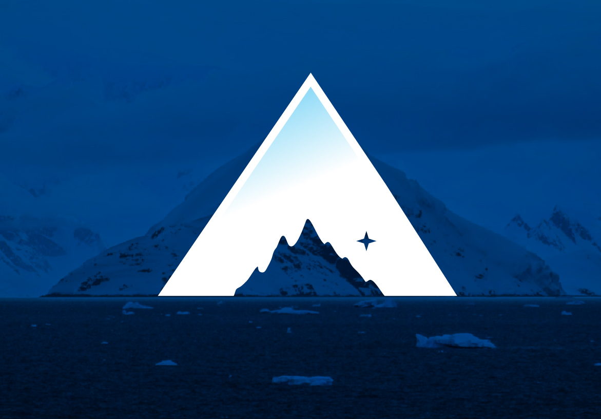 White Northstarware logo featuring a negative space mountain peak and star within a triangle, overlaid on a deep blue snowy landscape representing stability and direction.