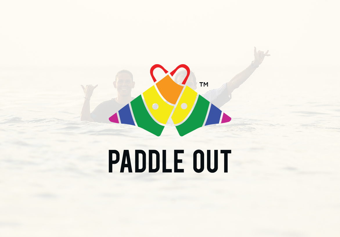 Symmetrical Paddle Out logo design on a white background, creating a heart shape from two rainbow surfboard fins.