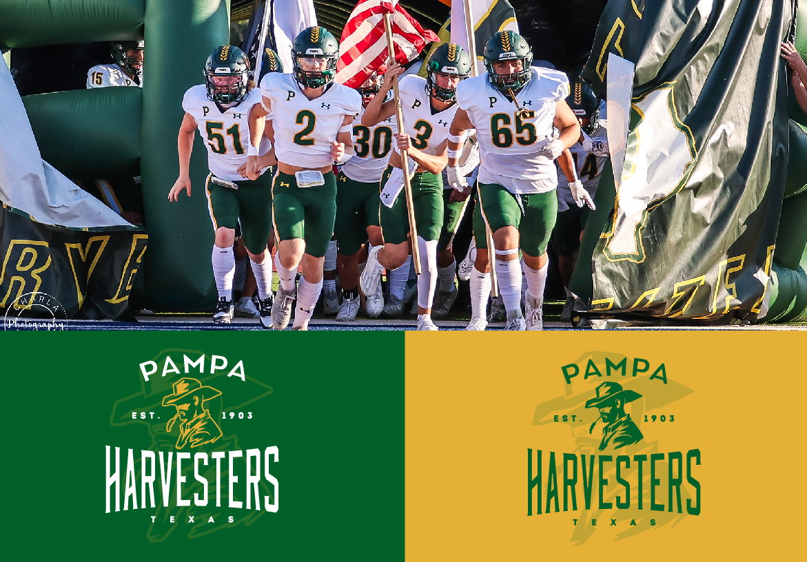 Pampa Harvesters high school football team running onto the field through an inflatable tunnel, displayed above the official green and gold logo variations.
