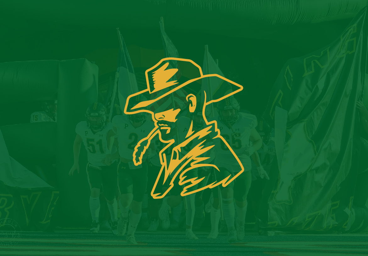 Gold outline of the Pampa Harvesters mascot, a rugged farmer figure, set against a deep green background representing the school district's colors.