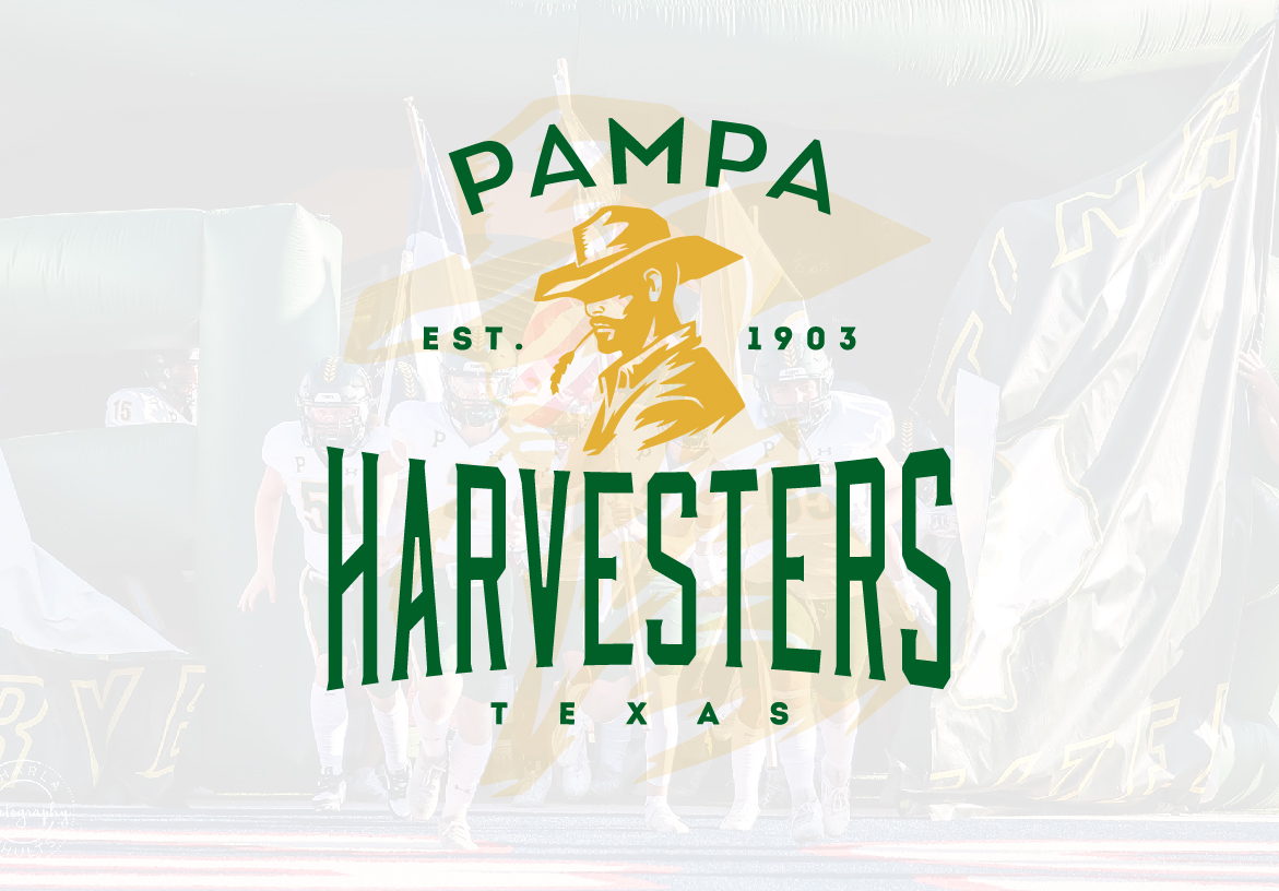 Official branding for Pampa Harvesters Texas featuring the harvester mascot profile and 'Est. 1903', symbolizing the district's long-standing rural heritage.